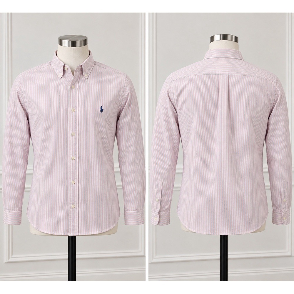 Ralph Lauren Mens Classic Fit Striped Oxford Shirt Blue Pink White Size 17.5"